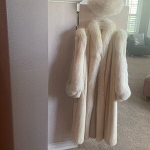 Full Length Ivory Mink Coat with Fox Trim and Fox Hat